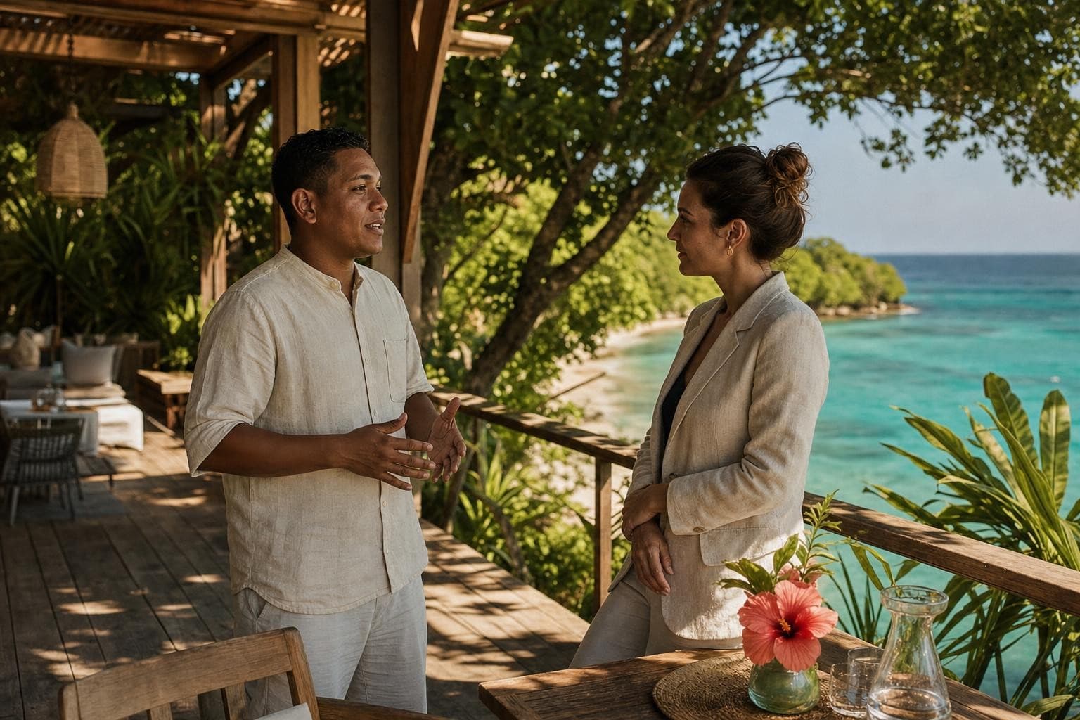 A hotel host and manager having a conversation on a sunlit terrace overlooking Roatán