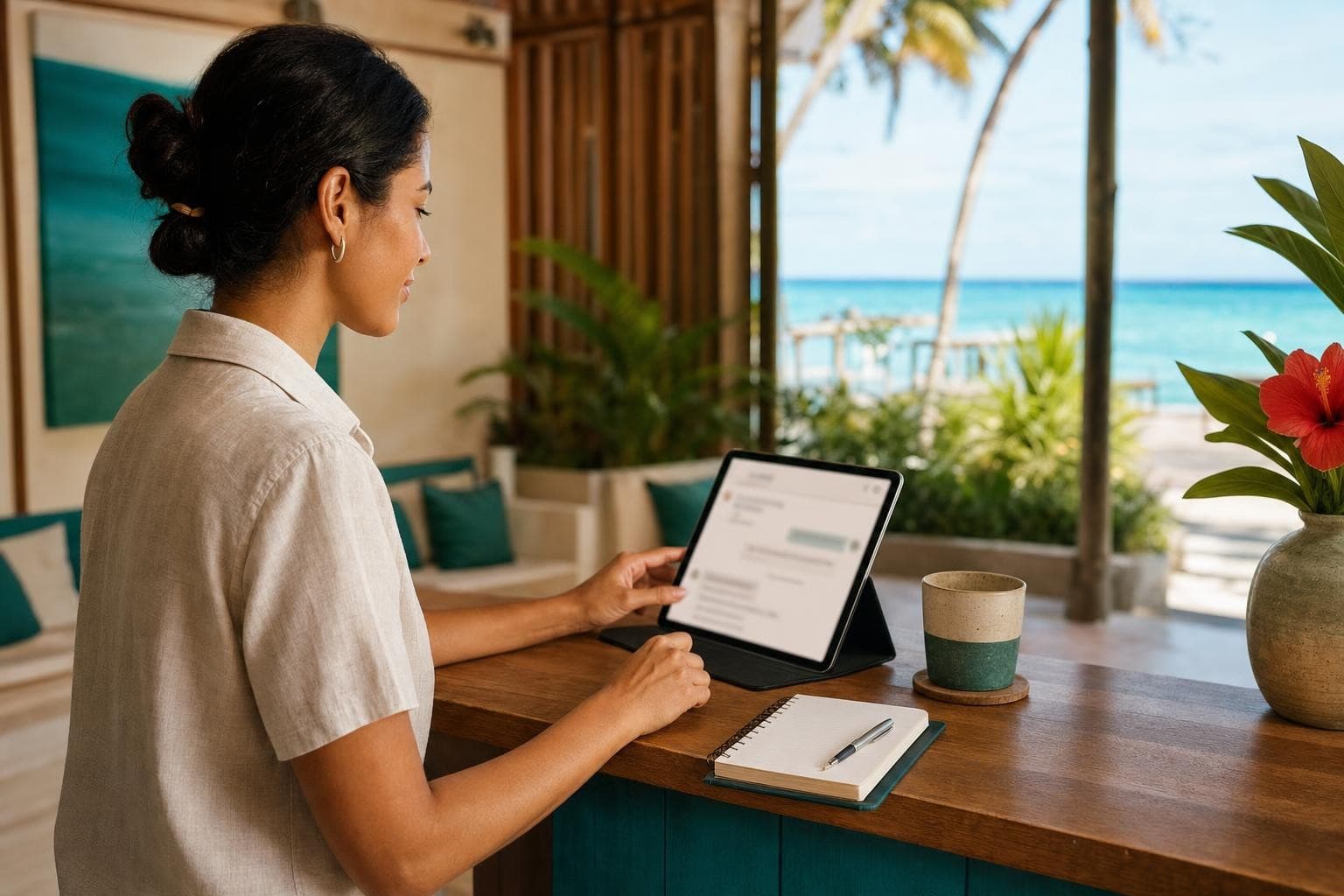 A hotel team member reviewing guest inquiries on a tablet beside the sea