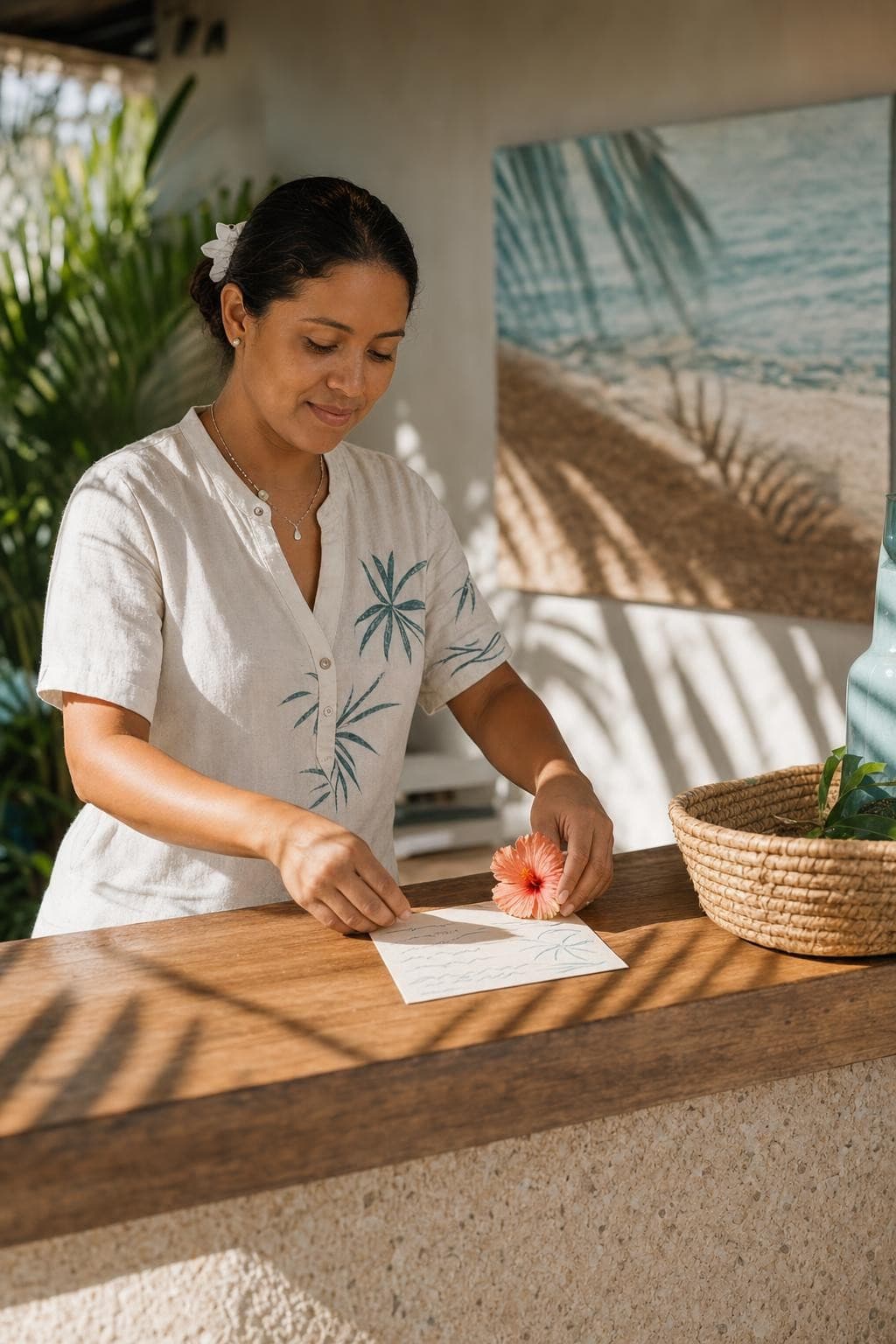 A concierge arranging a thoughtful welcome detail at a sunlit hotel desk